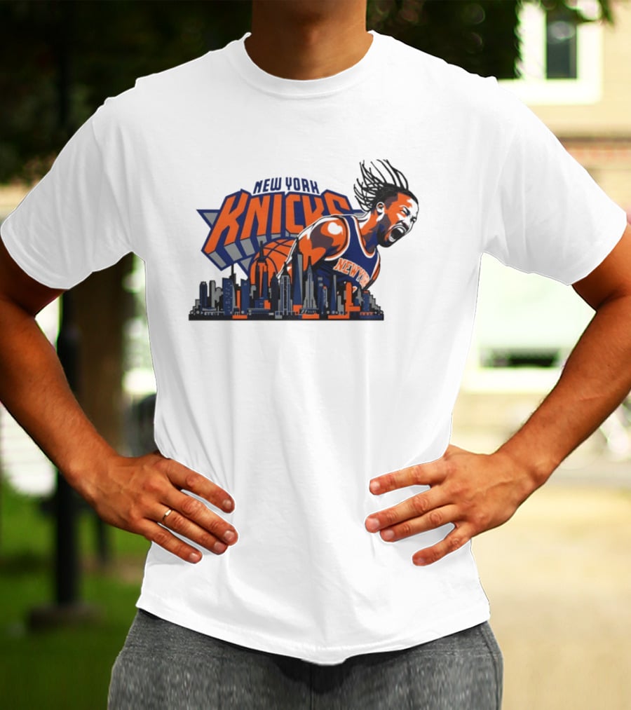 New York Knicks Jalen Brunson Skyline Celebration T-Shirt