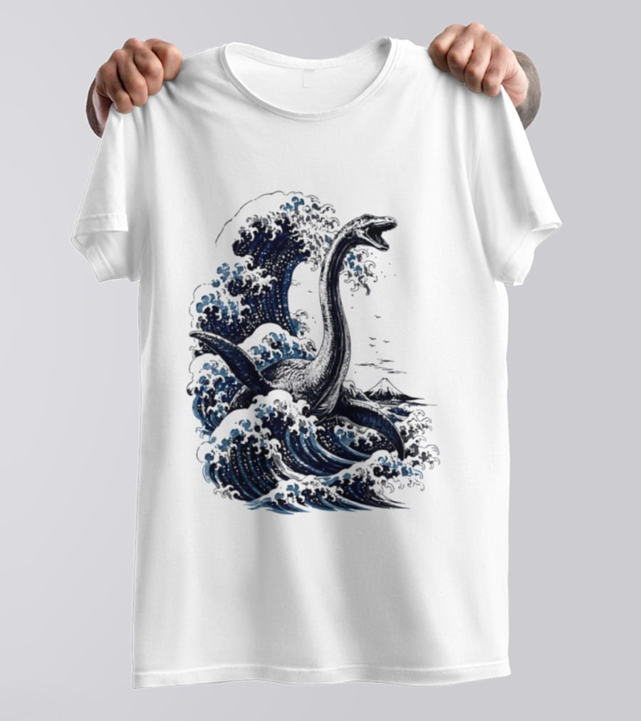 Great Wave Off Kanagawa Loch Ness Monster Mount Fuji Fusion T-Shirt