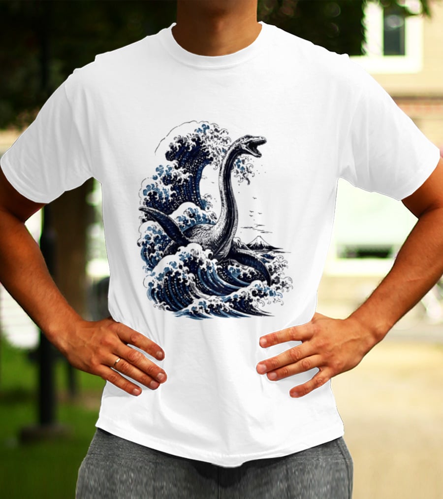 Great Wave Off Kanagawa Loch Ness Monster Mount Fuji Fusion T-Shirt