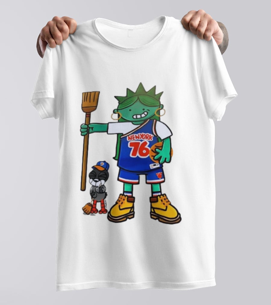 New York 76 Knicks Statue Liberty Broom Basketball 2024 T-Shirt