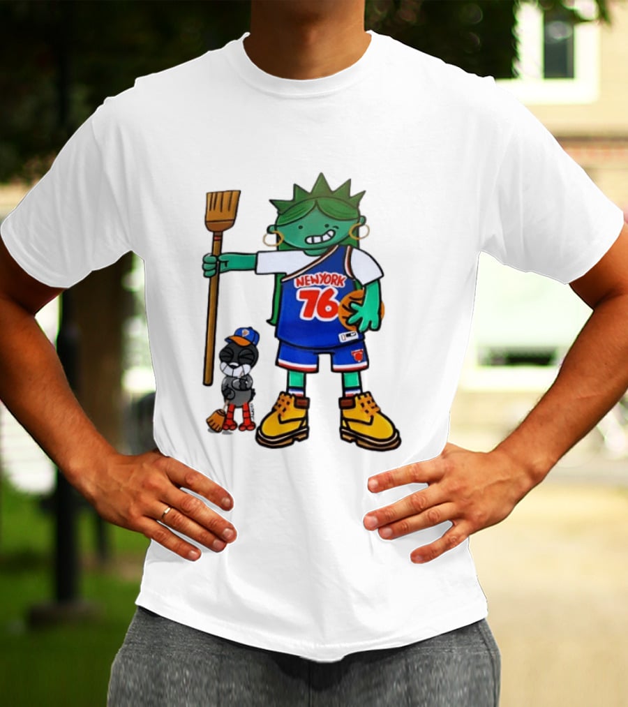 New York 76 Knicks Statue Liberty Broom Basketball 2024 T-Shirt