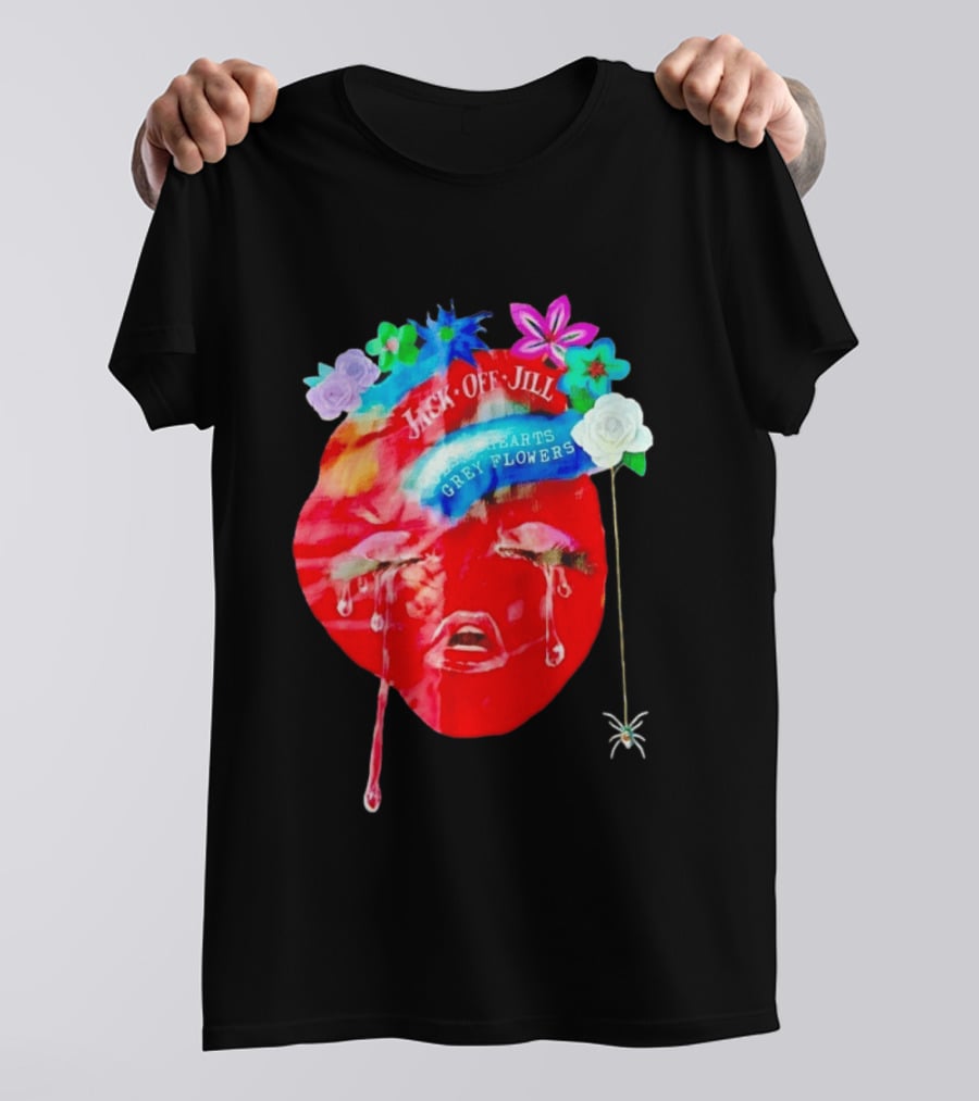 Jack Off Jill Clear Hearts Grey Flowers Crying Face With Colorful Floral Accents T-Shirt