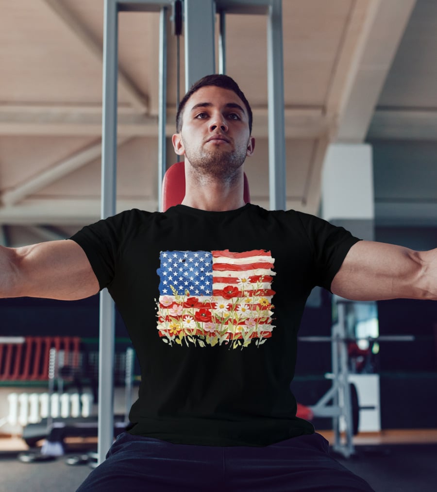 Floral American Flag With Impasto Texture And Flowers T-Shirt