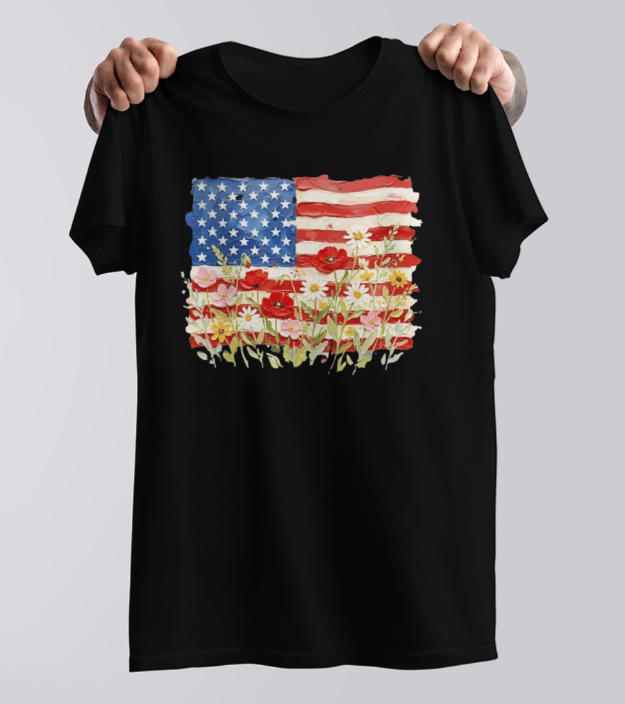 Floral American Flag With Impasto Texture And Flowers T-Shirt