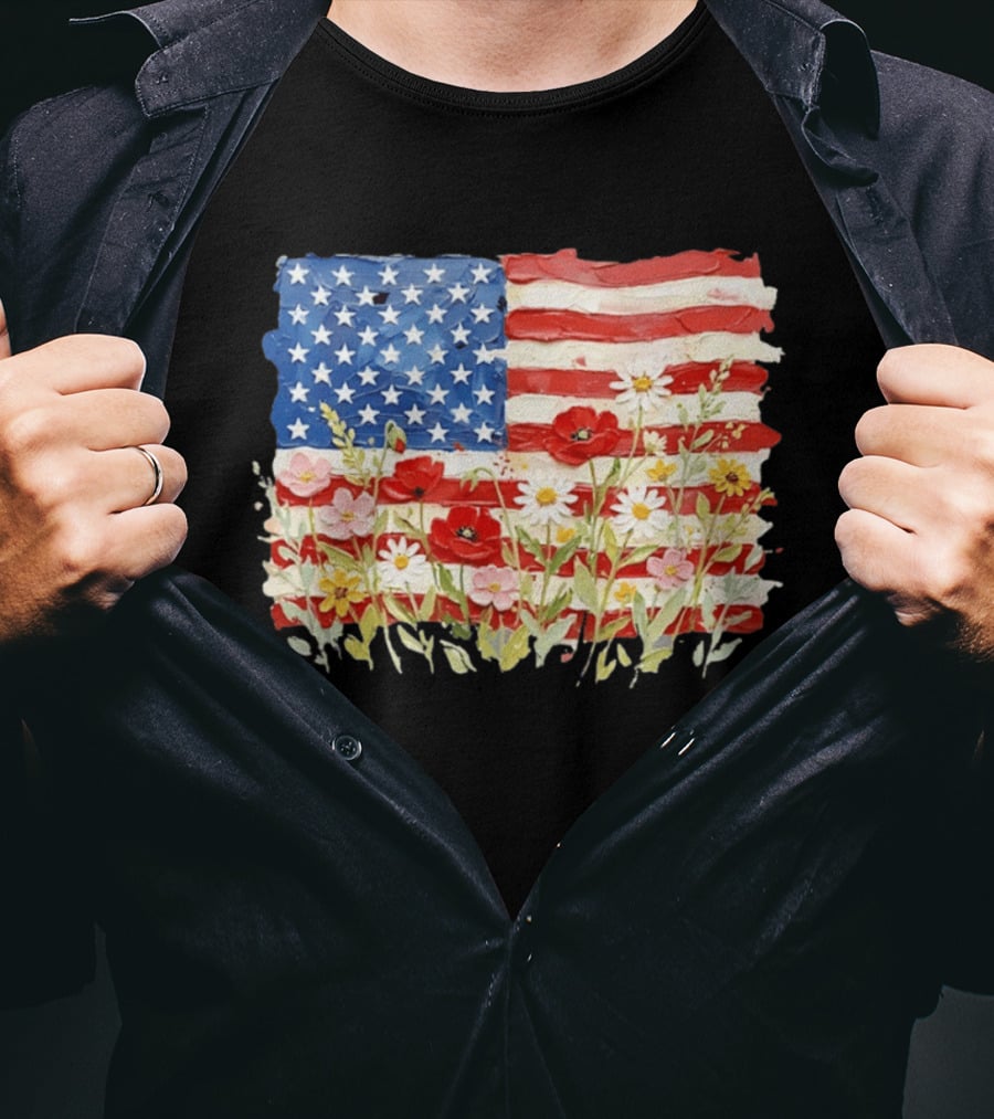 Floral American Flag With Impasto Texture And Flowers T-Shirt