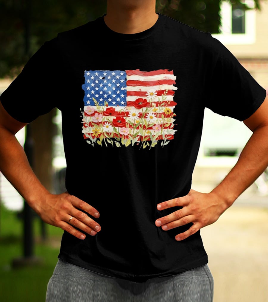 Floral American Flag With Impasto Texture And Flowers T-Shirt