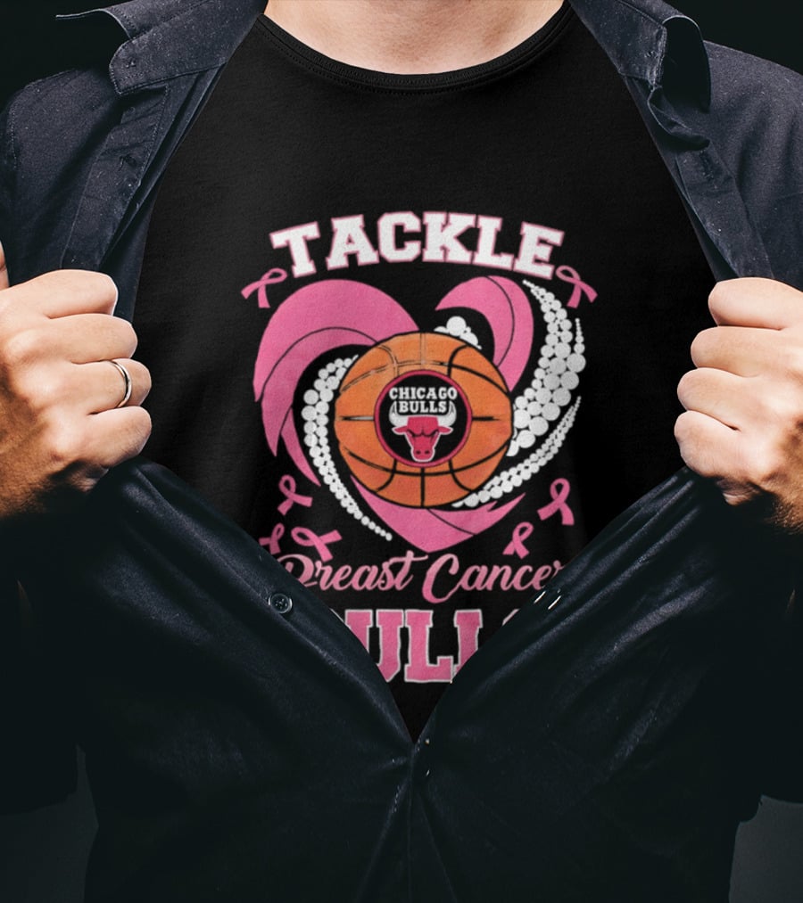 Tackle Breast Cancer Bulls Heart Pink Ribbons T-Shirt