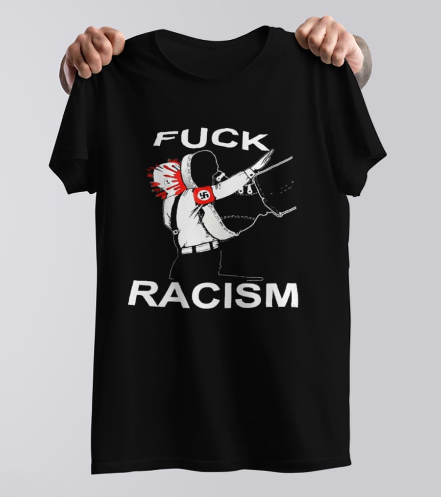 Fuck Racism Kicking On Fascist Silhouette With Red Paint Splatters T-Shirt