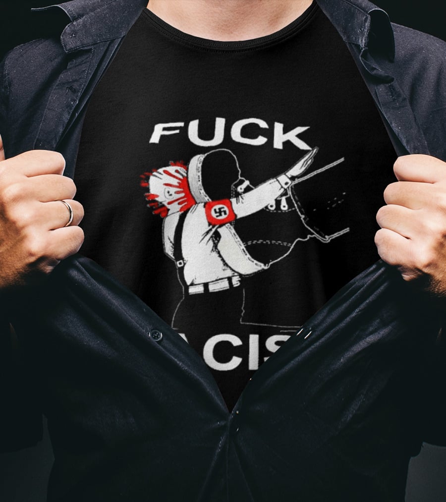 Fuck Racism Kicking On Fascist Silhouette With Red Paint Splatters T-Shirt