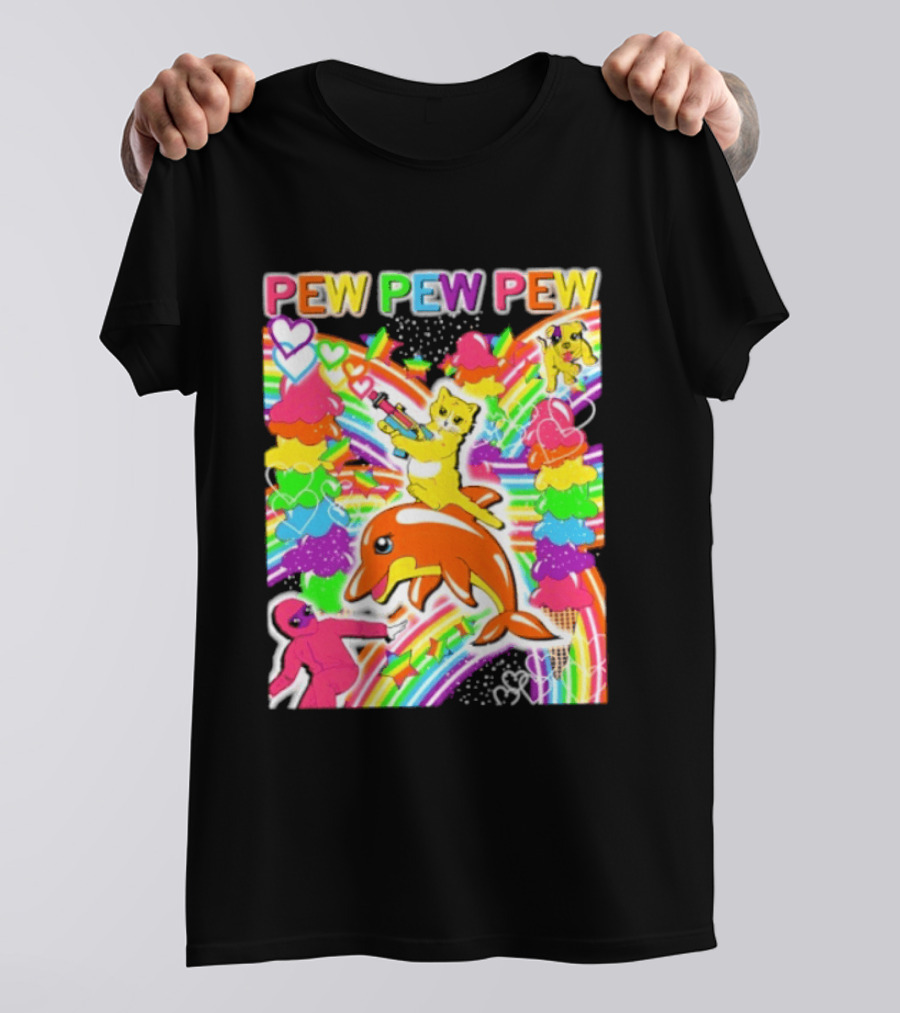 Pew Pew Pew Rainbow Pride Fun With Colorful Dolphins And Hearts T-Shirt