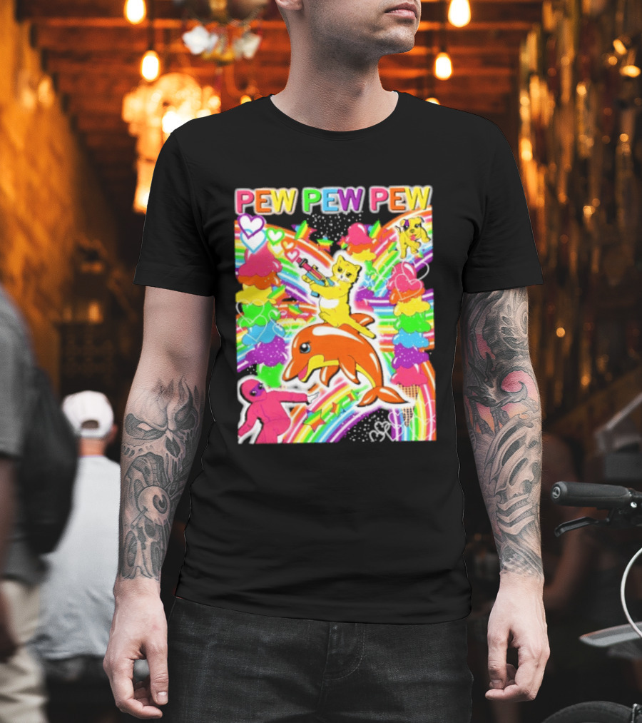 Pew Pew Pew Rainbow Pride Fun With Colorful Dolphins And Hearts T-Shirt