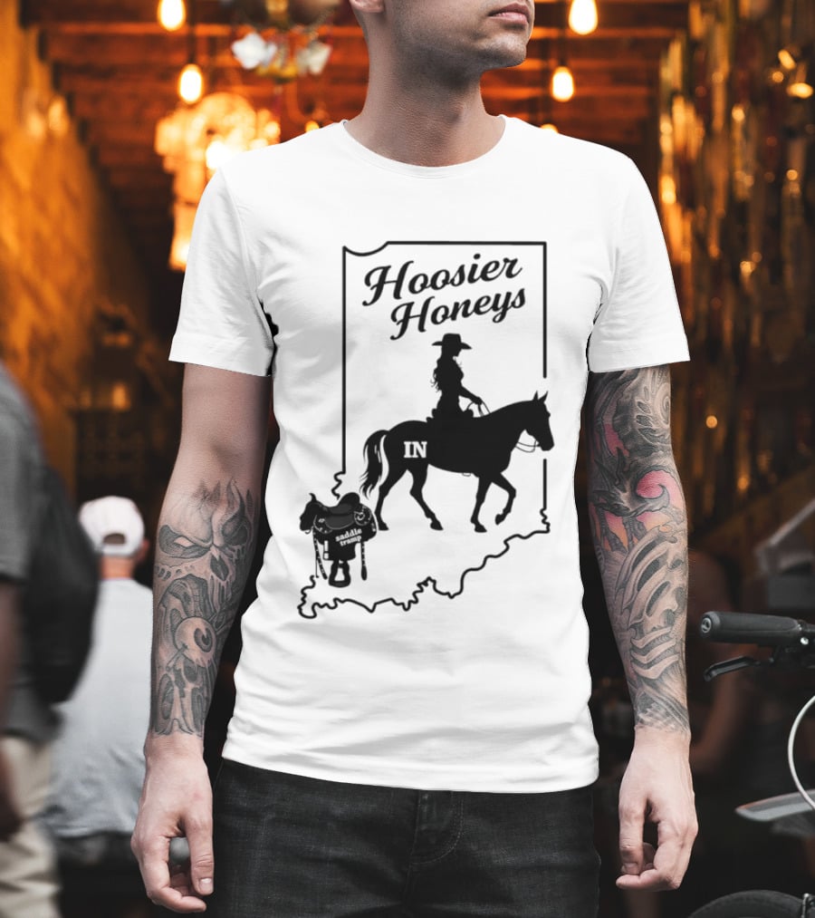 Hoosier Honeys Saddle Tramp Indiana State Map IN Horseback T-Shirt