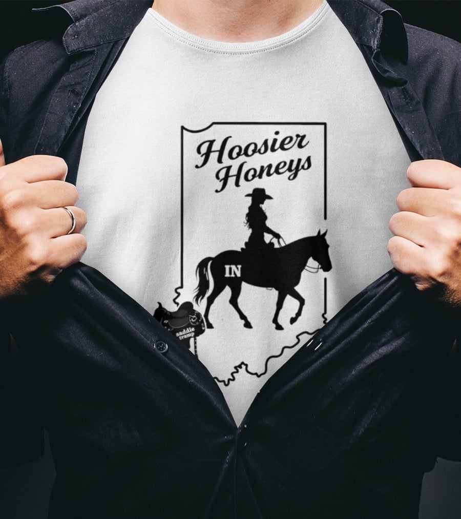 Hoosier Honeys Saddle Tramp Indiana State Map IN Horseback T-Shirt