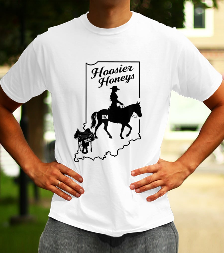 Hoosier Honeys Saddle Tramp Indiana State Map IN Horseback T-Shirt
