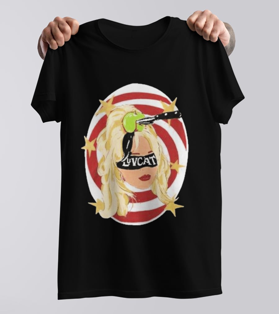 Luvcat Blonde Woman Bullseye Knife Apple Starburst T-Shirt