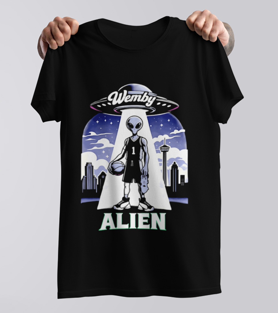 Wemby Alien Basketball UFO Skyline T-Shirt