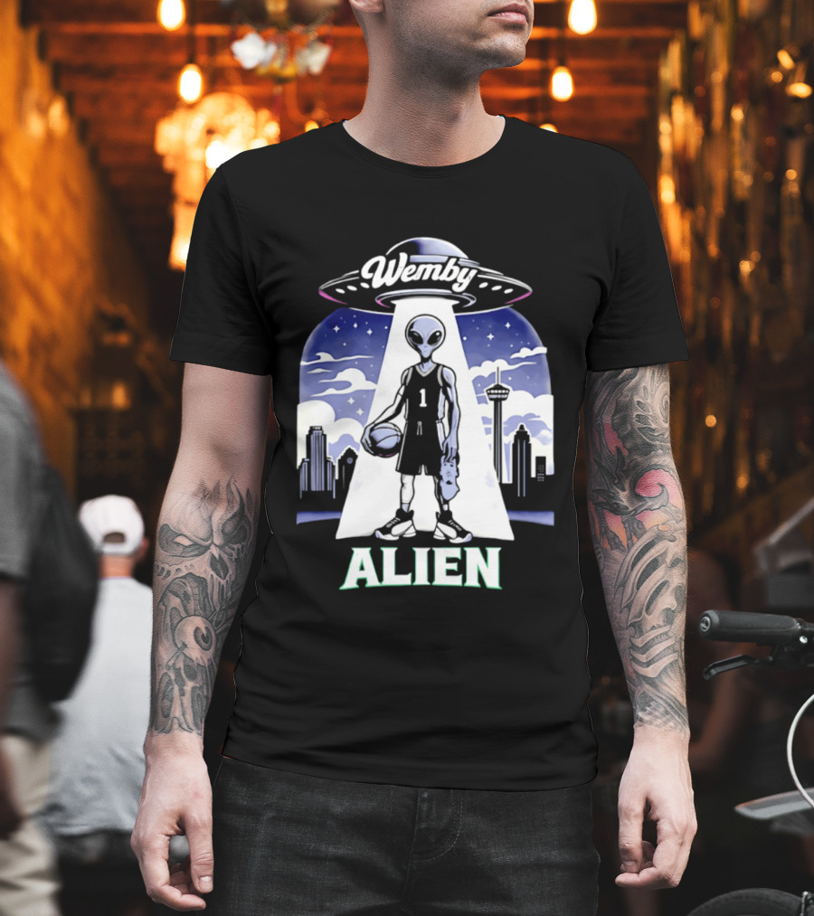 Wemby Alien Basketball UFO Skyline T-Shirt