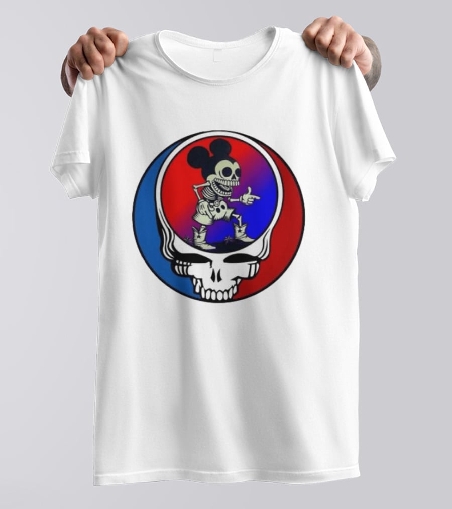 Mickey Mouse Skeleton With Grateful Dead Skull And Roses T-Shirt