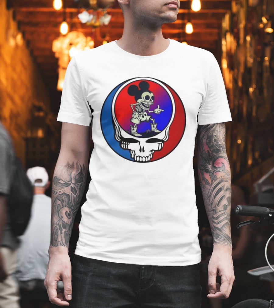 Mickey Mouse Skeleton With Grateful Dead Skull And Roses T-Shirt