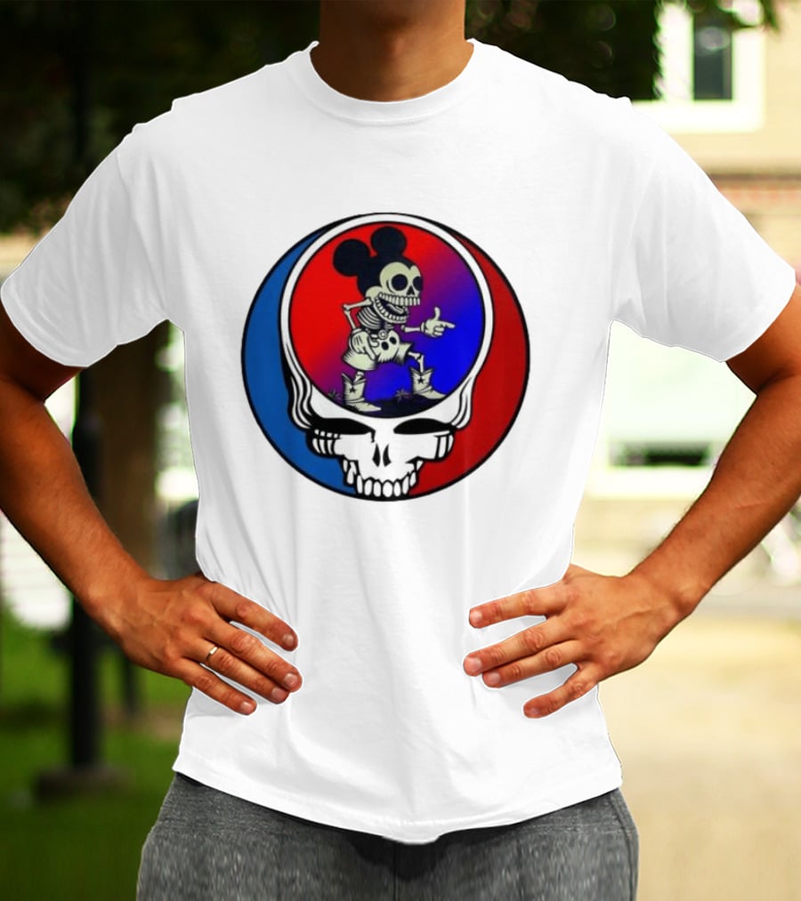 Mickey Mouse Skeleton With Grateful Dead Skull And Roses T-Shirt
