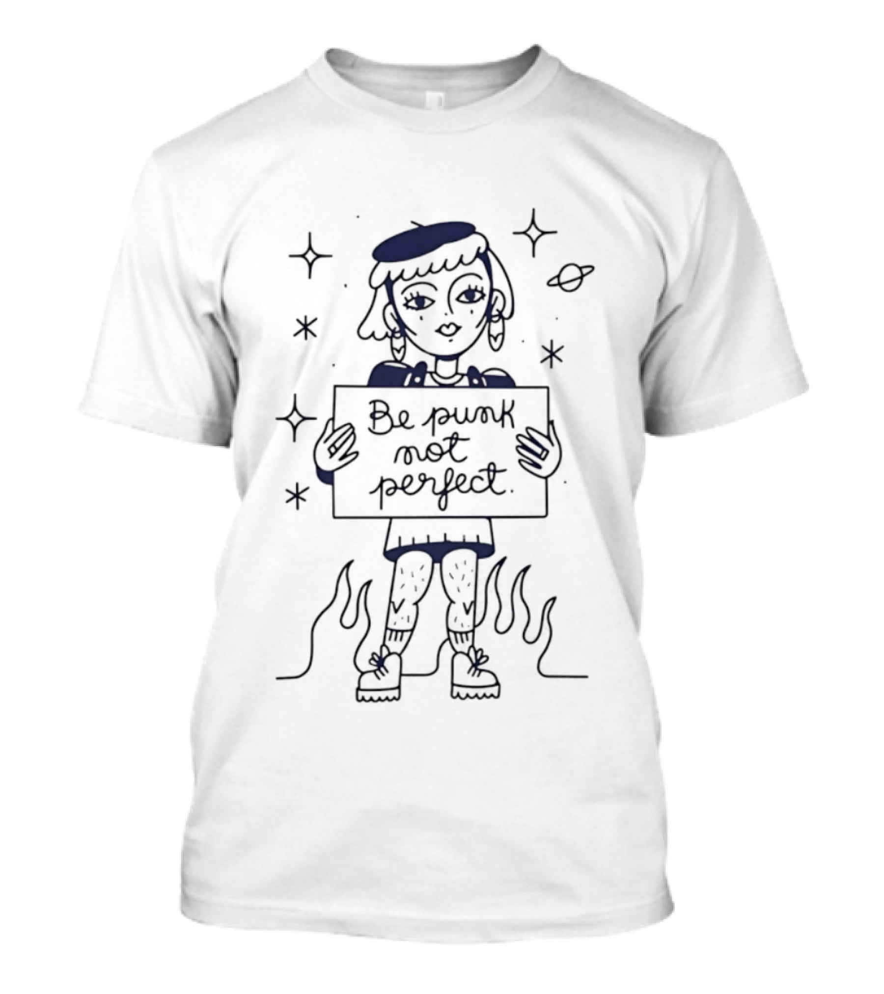 Be Purk Not Perfect Artistic Character Holding Sign With Stars And Flames T-Shirt