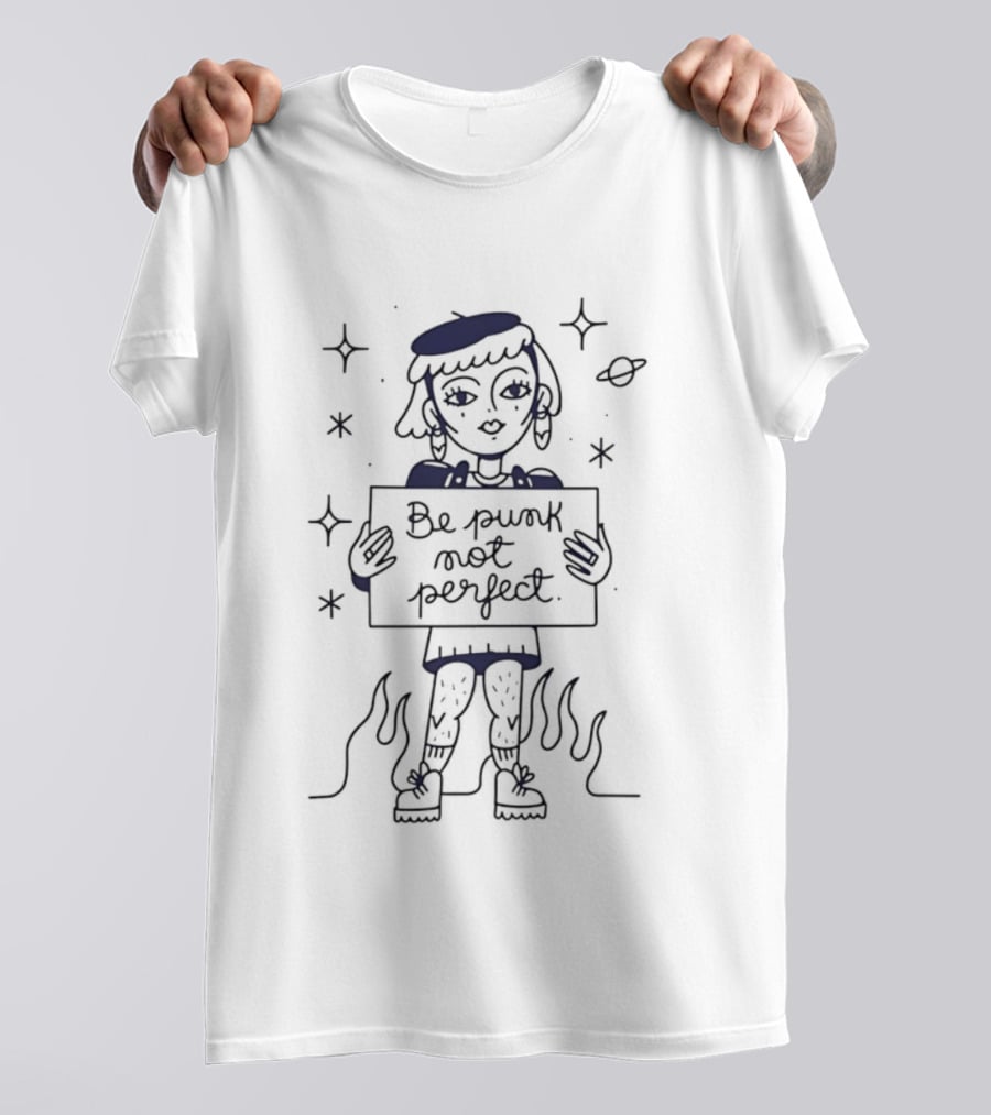 Be Purk Not Perfect Artistic Character Holding Sign With Stars And Flames T-Shirt