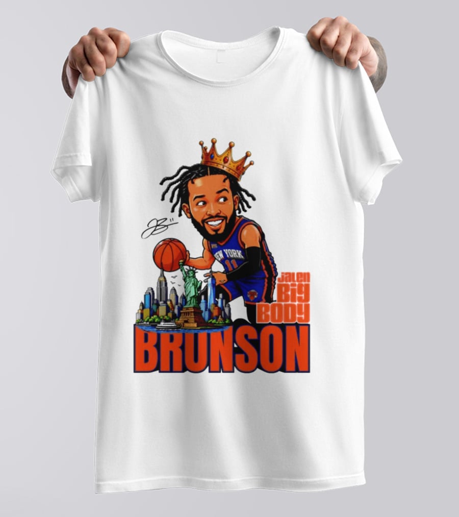 Jalen Brunson King Of NY Caricature With Statue Of Liberty And New York Skyline T-Shirt