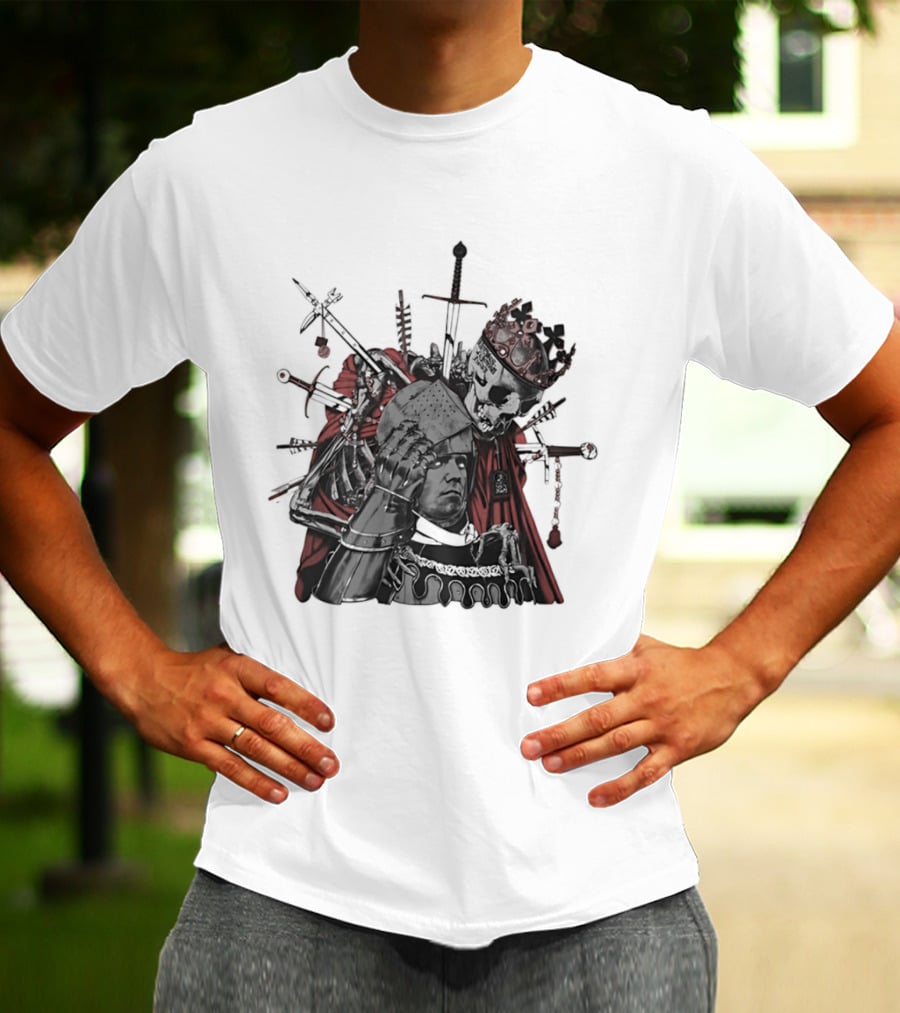 Memento Mori Skeleton King With Medieval Crown Swords And Halberd T-Shirt