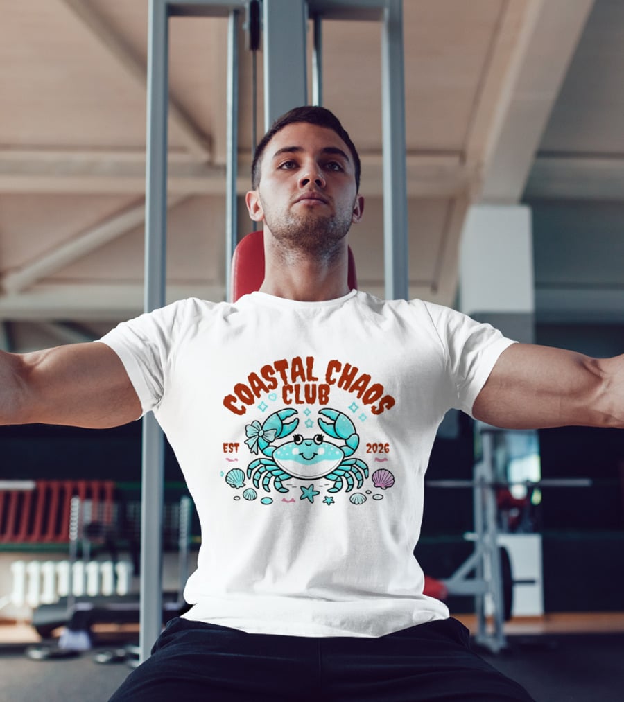 Coastal Chaos Club Est 2026 Smiling Crab Seashells Starfish Bow T-Shirt