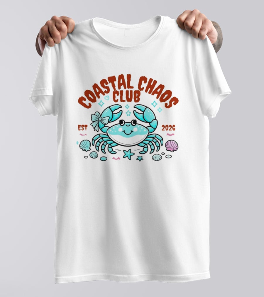 Coastal Chaos Club Est 2026 Smiling Crab Seashells Starfish Bow T-Shirt