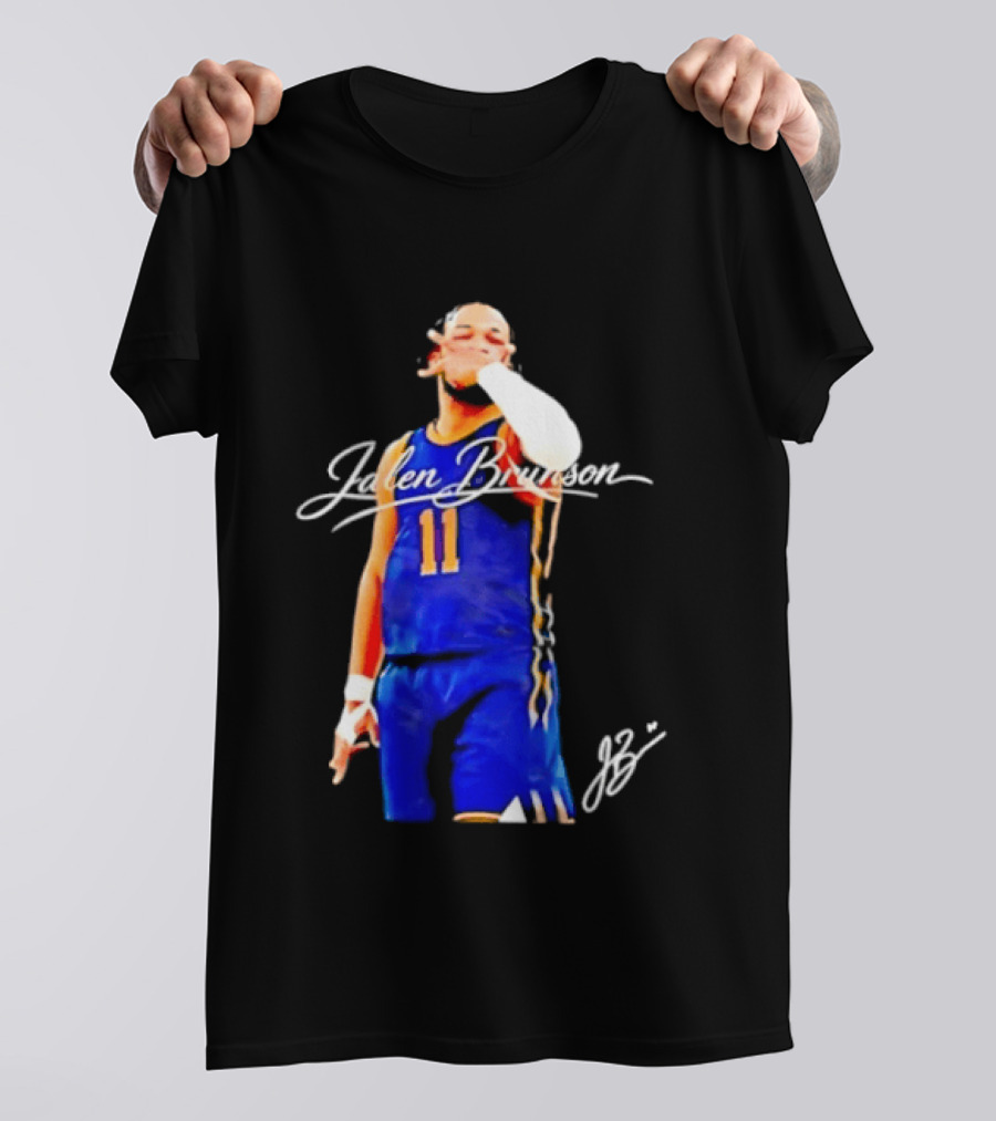 Jalen Brunson 11 Signature Gesture Basketball Blue Uniform T-Shirt