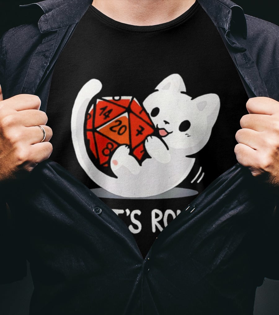 Let's Roll Cat Holding 20 Sided Die Dungeons And Dragons T-Shirt
