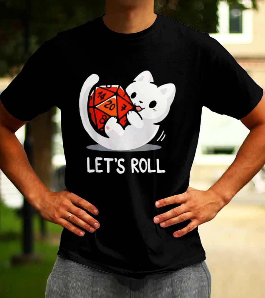 Let's Roll Cat Holding 20 Sided Die Dungeons And Dragons T-Shirt