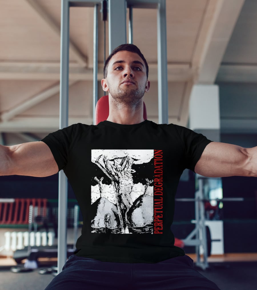 Perpetual Degradation Monster Crucifixion Skull Mountains Clouds T-Shirt