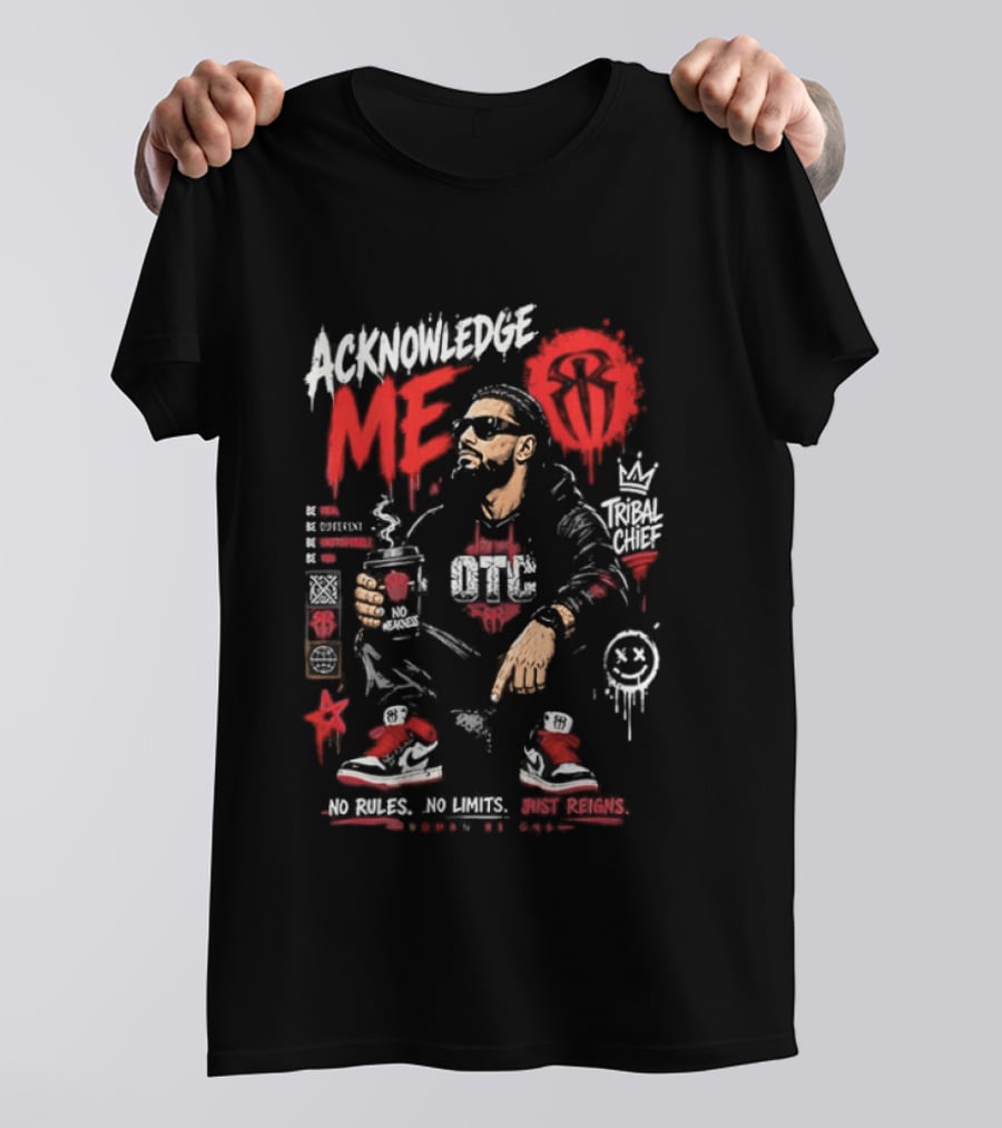 WWE Roman Reigns Acknowledge Me Tribal Chief OTC Red And White T-Shirt