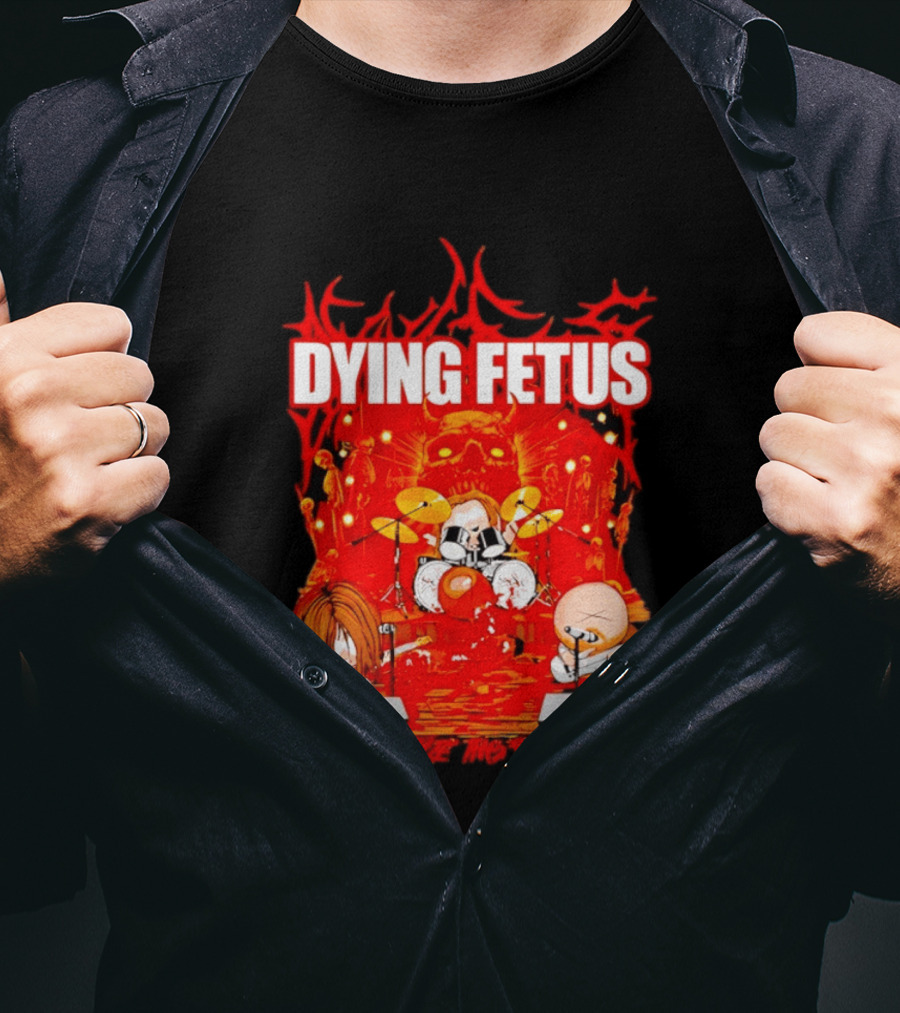 Dying Fetus Cartoon Band Rocking Out In Red Scene T-Shirt