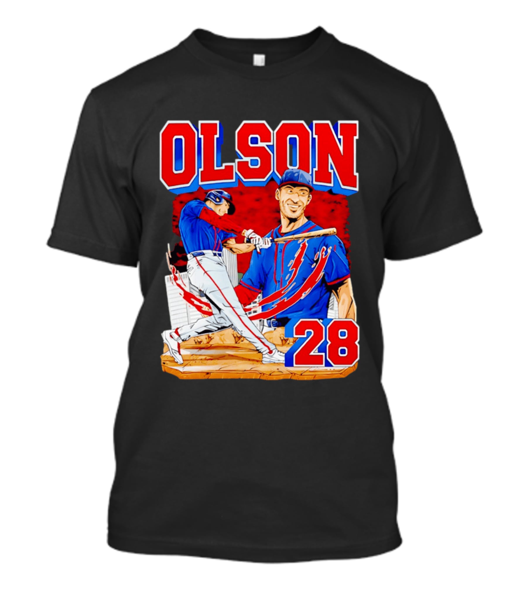 Olson 28 Baseball Player Blue And Red Hand Drawn T-Shirt
