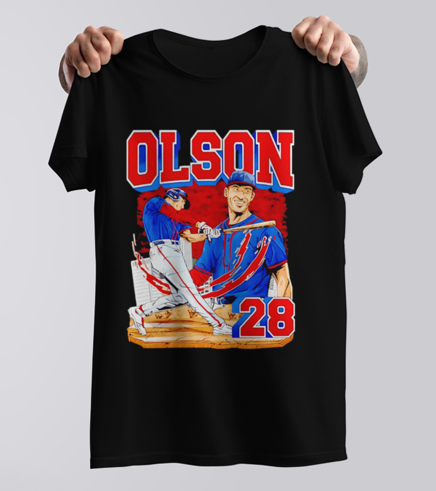 Olson 28 Baseball Player Blue And Red Hand Drawn T-Shirt