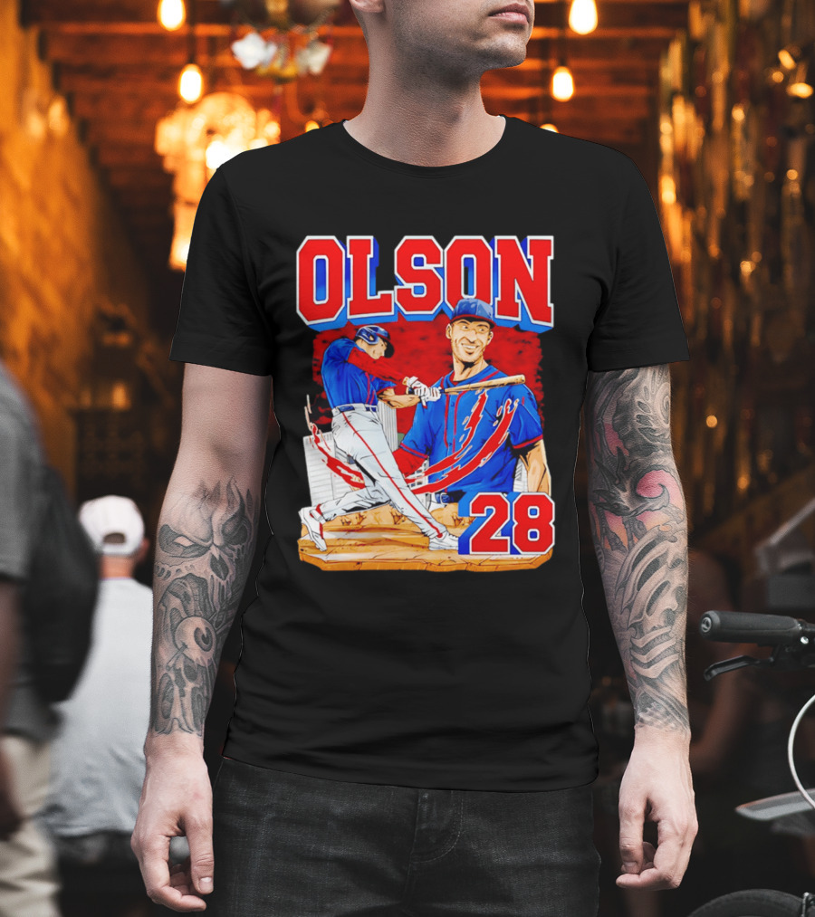 Olson 28 Baseball Player Blue And Red Hand Drawn T-Shirt