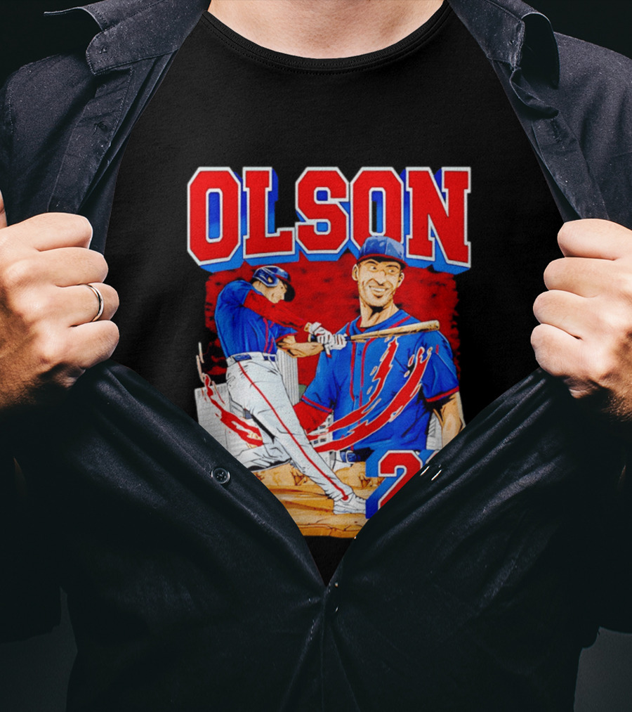 Olson 28 Baseball Player Blue And Red Hand Drawn T-Shirt