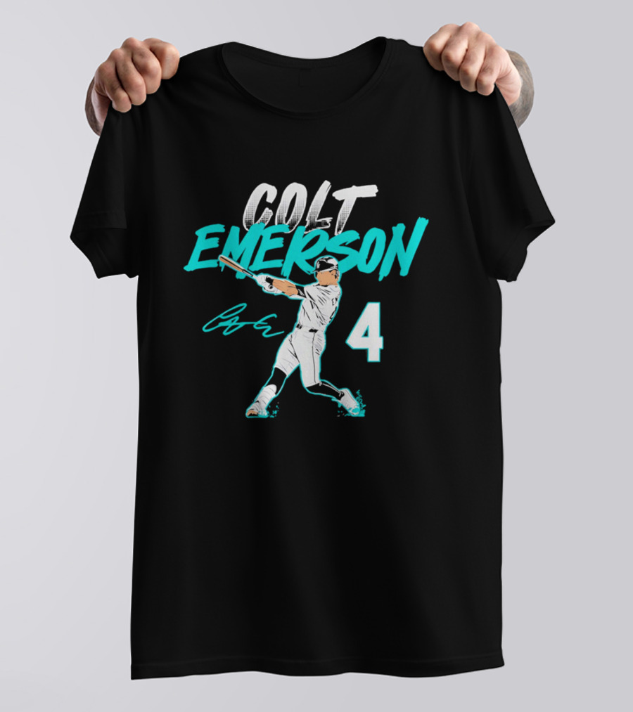 Colt Emerson Seattle Mariners Number 4 Slugger Swing Signature T-Shirt