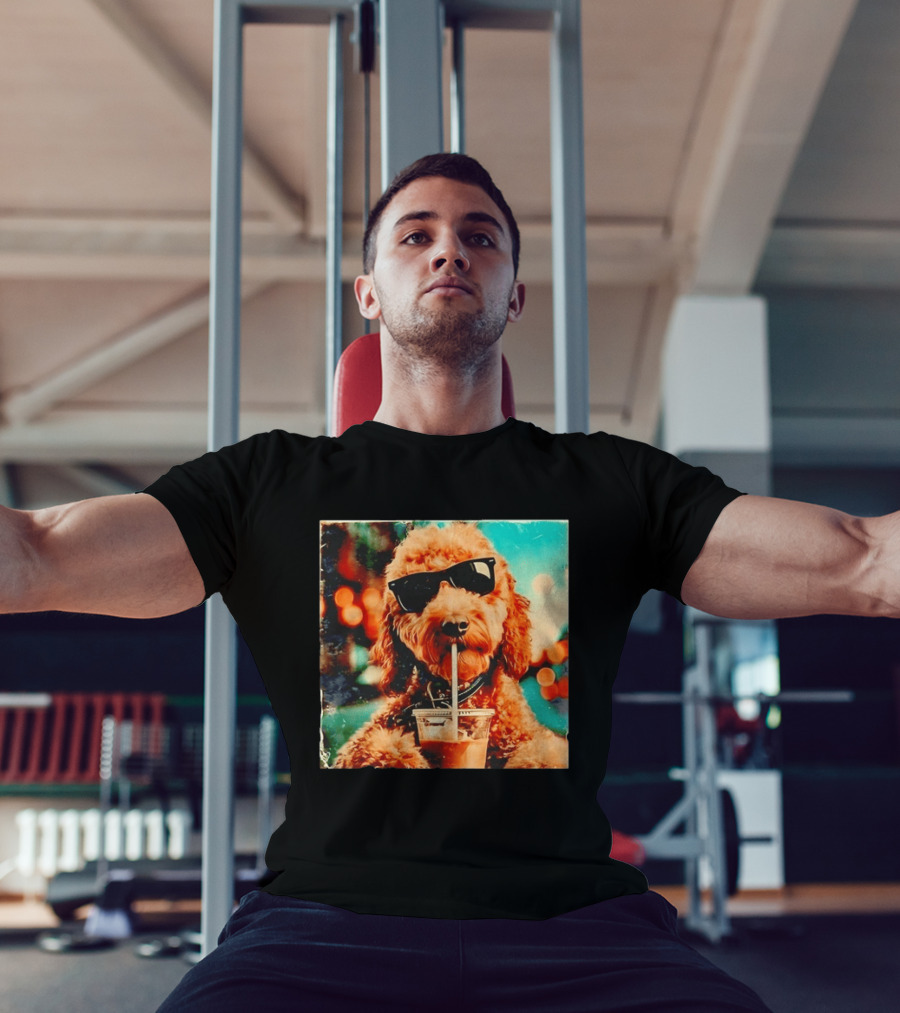 Goldendoodle With Sunglasses Enjoying Iced Coffee Retro Cool Vibes T-Shirt