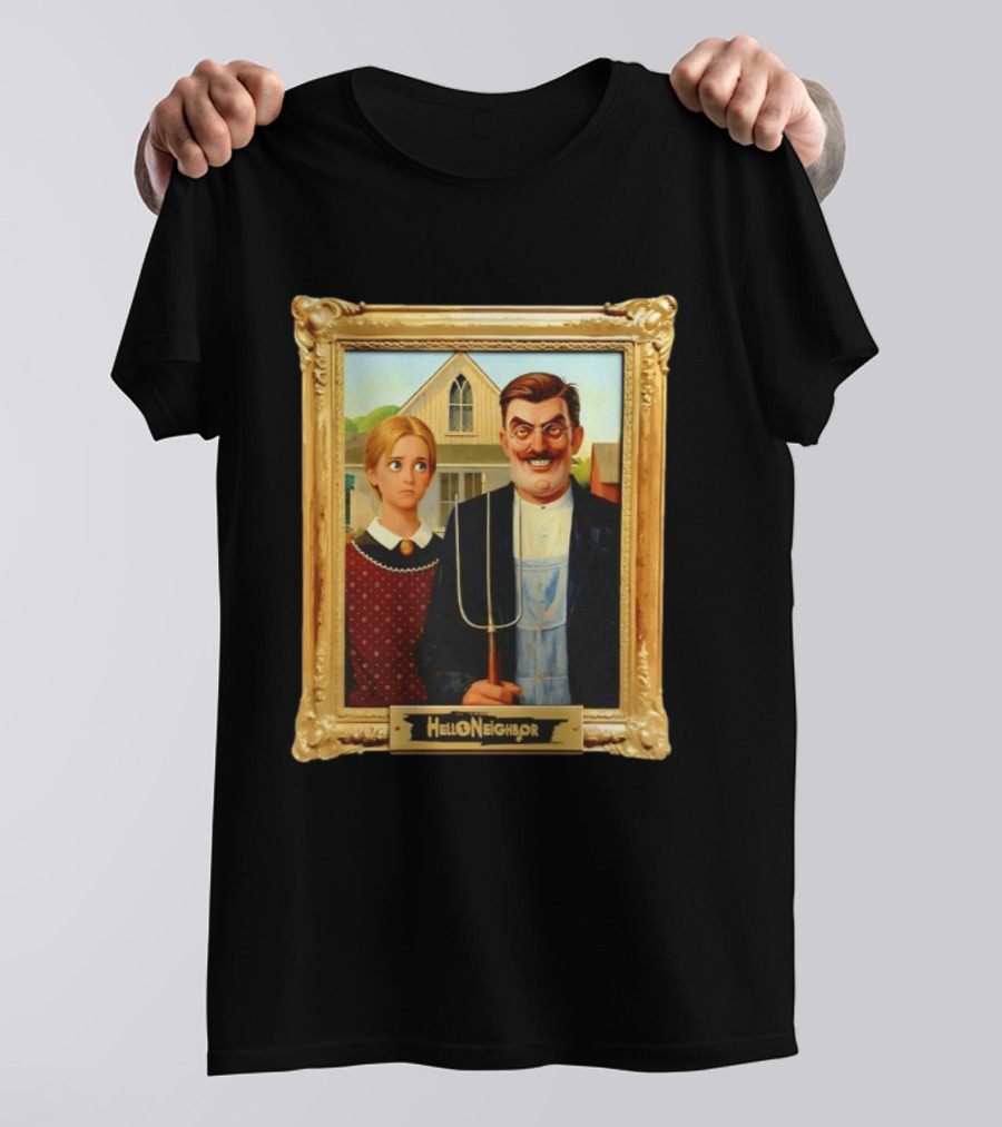 Hello Neighbor American Gothic Man Pitchfork Girl Painting Frame T-Shirt