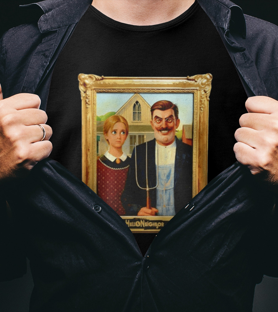Hello Neighbor American Gothic Man Pitchfork Girl Painting Frame T-Shirt