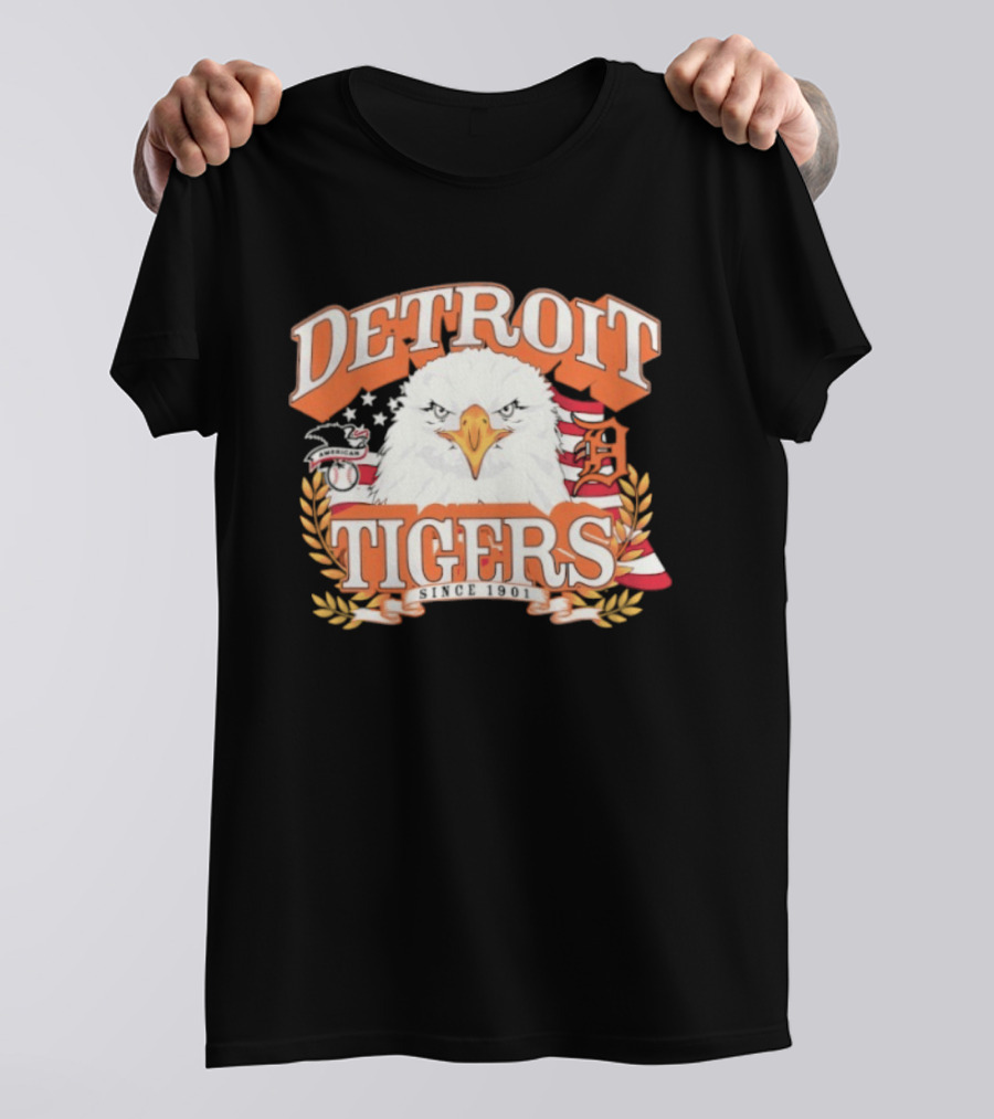Detroit Tigers Eagle Emblem With American Flag And Stars T-Shirt