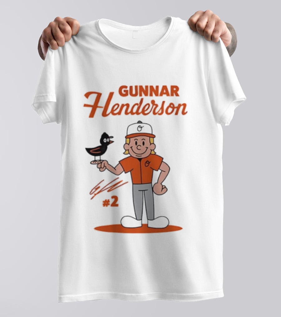 Gunnar Henderson Baltimore Orioles MLB Player Cartoon Character With Bird And Number 2 T-Shirt