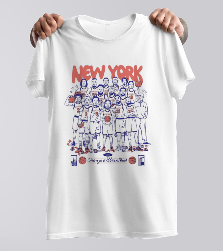 New York Knicks NBA Orange And Blue Skies Cartoon 2026 T-Shirt