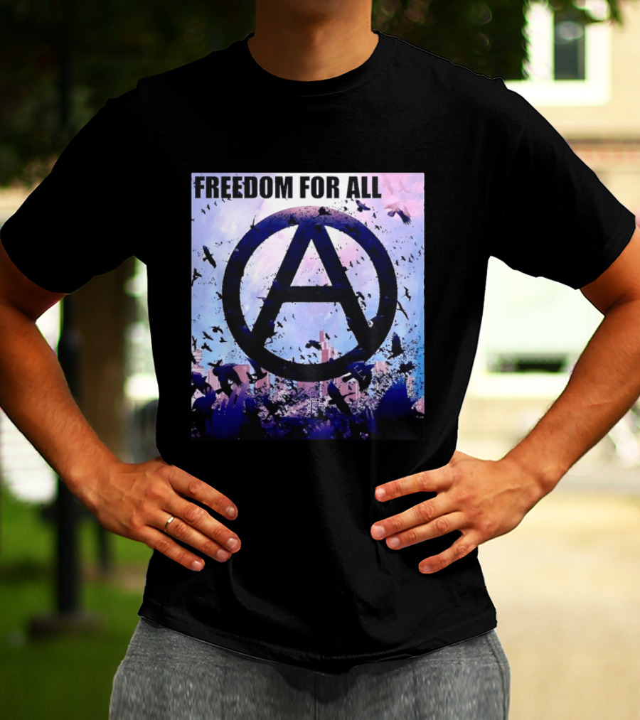 FdA IFA Freedom For All Anarchy Symbol With Birds And City Skyline T-Shirt
