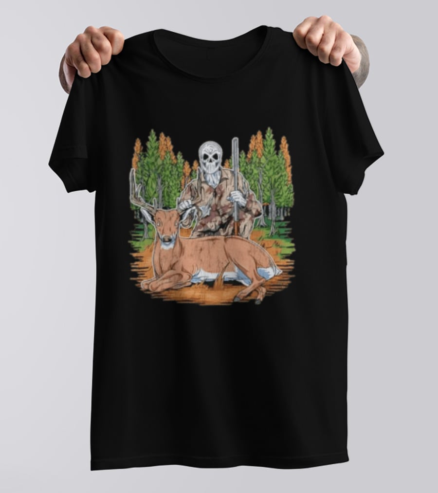 Skeleton Deer Hunting Skull Mask Camouflage Forest Scene T-Shirt