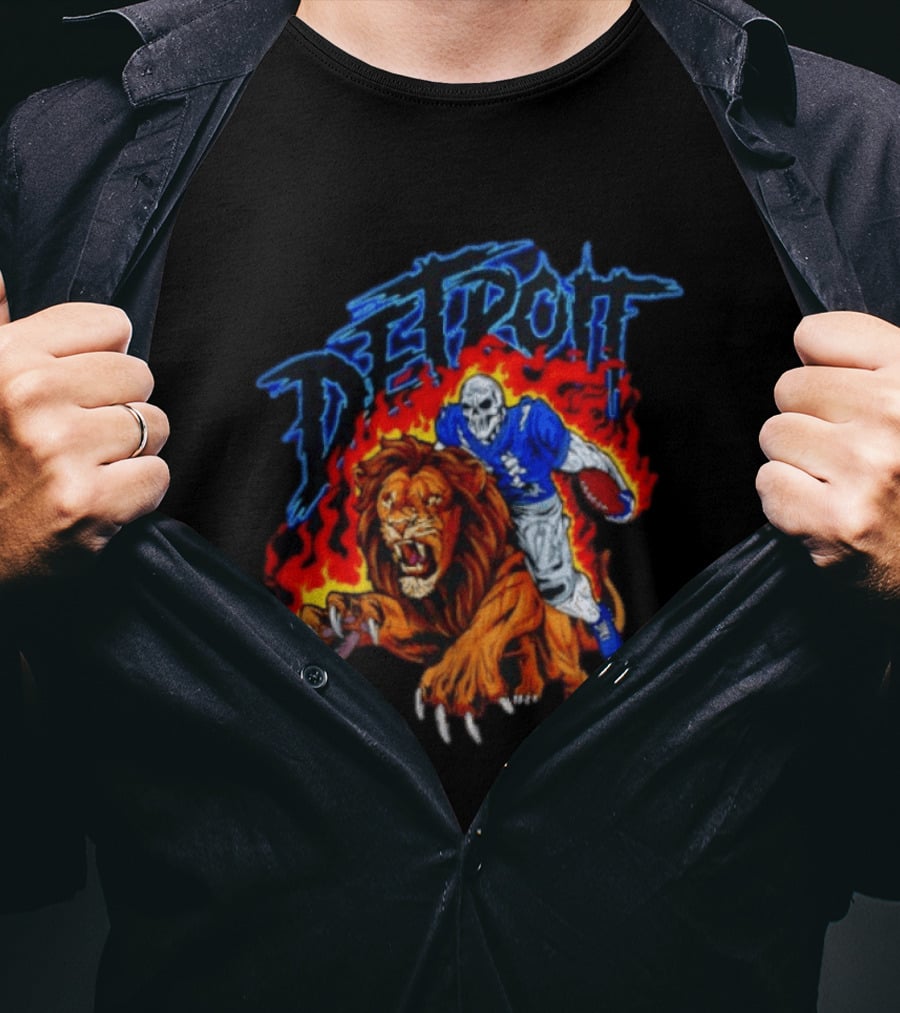 Detroit Skeleton Football Player Lion Fire Fusion T-Shirt